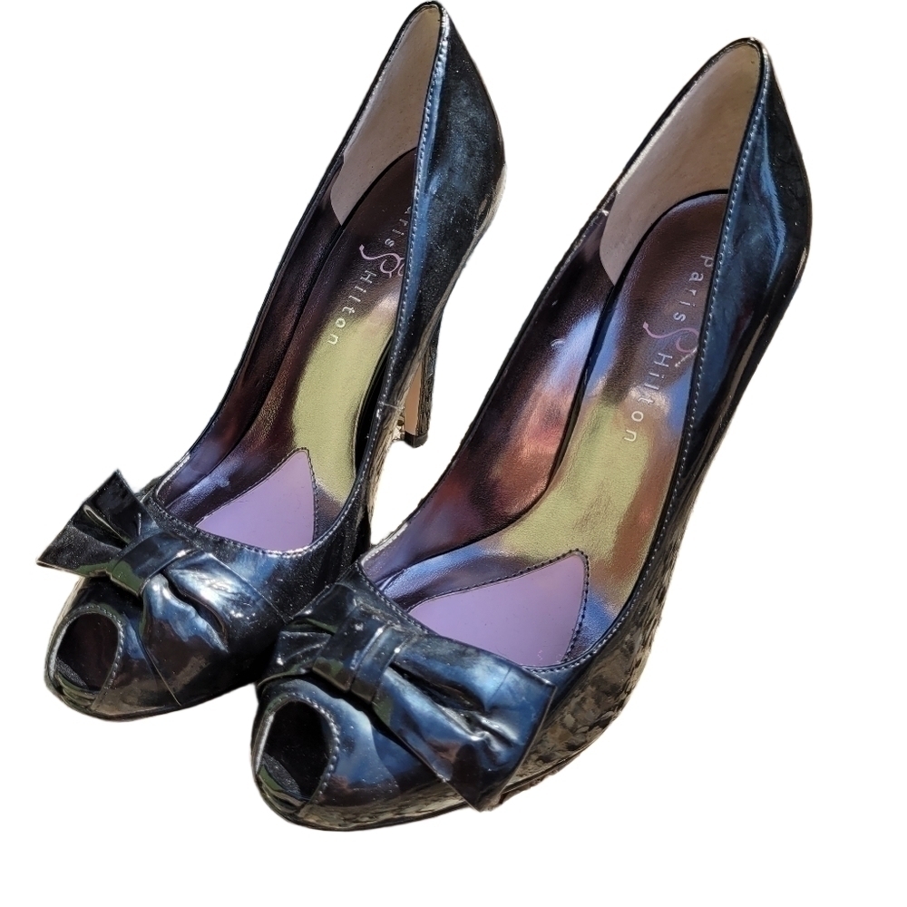 PARIS Hilton peep toe Heels with bow in patent black leather size 8 - Picture 14 of 16